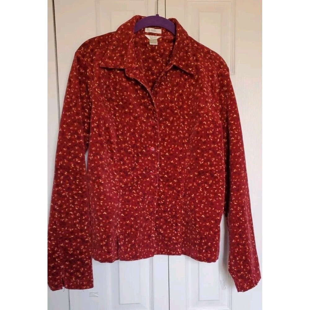 Christopher & Banks Large Red Top Corduroy Button Up Floral Pockets Timeless